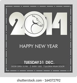 Happy New Year 2014 celebration flyer, banner, poster or invitation with shiny text and Chinese symbol, Year of the Horse on vintage grey background. 