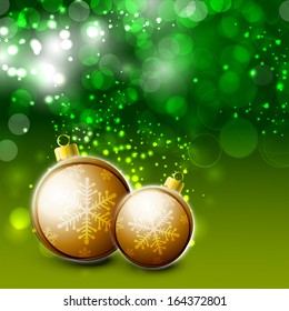 Happy New Year 2014 celebration flyer, banner, poster or invitation with golden Xmas ball on shiny green background. 