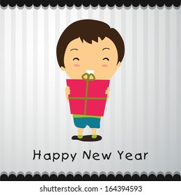 Happy New Year 2014 celebration flyer, banner, poster or invitation with cute little kid holding gift box on grey background. 