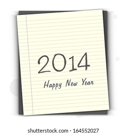 Happy New Year 2014 celebration flyer, banner, poster or invitation with text on notebook paper. 