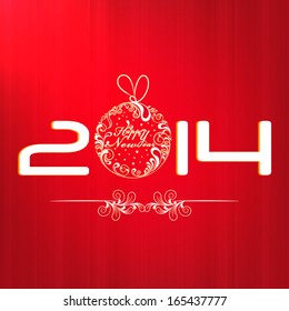Happy New Year 2014 celebration flyer, banner or poster with shiny text with floral decorated Christmas ball on bright red background. 