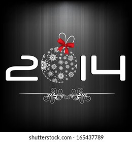 Happy New Year 2014 celebration flyer, banner or poster with stylish text and decorative Xmas ball, red ribbon on grey background. 
