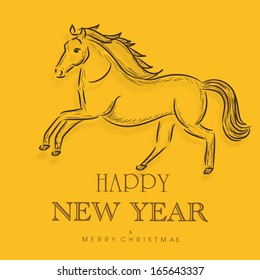 Happy New Year 2014 celebration flyer, poster, banner or invitation with Horse, Chinese symbol of the year on yellow background. 