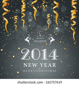 Happy New Year 2014 celebration flyer, poster, banner or invitation with stylish text on shiny grey background with hanging golden decorative. 