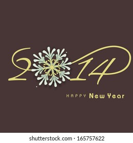Happy New Year 2014 celebration flyer, poster, banner or invitation with stylish text and decorated snowflake on brown background. 