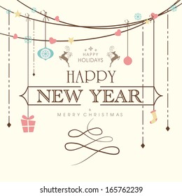 Happy New Year  2014 celebration poster, banner, flyer or invitation with stylish text on decorative hanging decorations. 