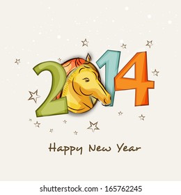 Happy New Year  2014 celebration poster, banner, flyer or invitation with colorful text and Chinese symbol of the year Horse in golden color on abstract background. 