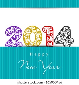 Happy New Year 2014 celebration flyer, banner, poster or invitation with colorful floral decorated text on vintage white and green background. 