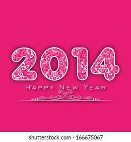 Happy New Year 2014 celebration flyer, banner, poster or invitation with floral decorated text on pink background. 