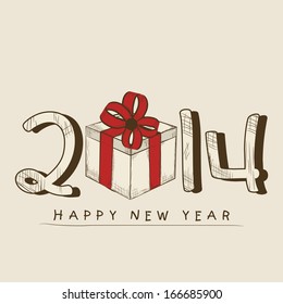 Happy New Year 2014 celebration background with stylish text and gift box on abstract background. 
