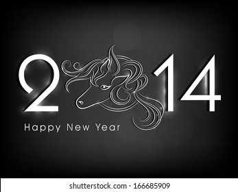 Happy New Year 2014 celebration background with stylish text and sketch of horse, Chinese symbol on black background. 