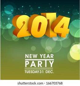 Happy New Year 2014 celebration poster, banner, invitation or flyer with golden text on shiny green background. 