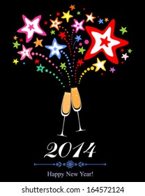 Happy new year 2014! Firework and Two Glasses in black background. Vector Illustration 