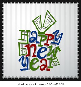 Happy New Year 2014 flyer, banner, poster or invitation with colorful stylish text in shape of gift box on grungy grey background. 