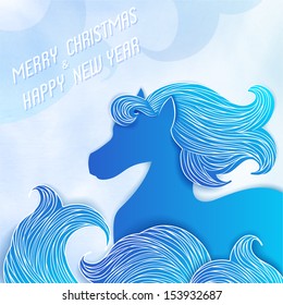 Happy New year 2014 greeting card with blue horse. Vector Illustration.