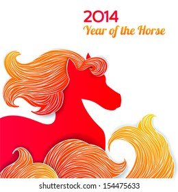 Happy New year 2014 greeting card with red horse. Vector Illustration.