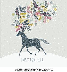 Happy new year 2014! Year of horse. Vector Illustration