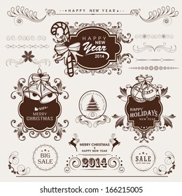 Happy New Year 2014 and Merry Christmas calligraphic and typographic elements set, frames, vintage labels. Ribbons, stickers.