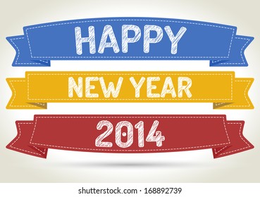 Happy new year 2014 on three different color ribbon with shadow on light background.