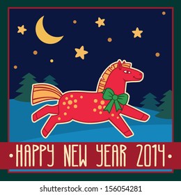 Happy new year 2014 postcard with horse as a symbol. Cute cartoon pony illustration. Christmas vector card.
