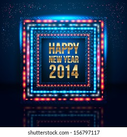 Happy New Year 2014 poster with frame made of lights. Vector image. 