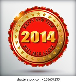 Happy new year 2014 red golden label  with ribbon.  Vector illustration.