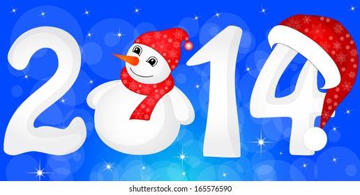 Happy New Year 2014 From Snow With Snowman and Santa Hat