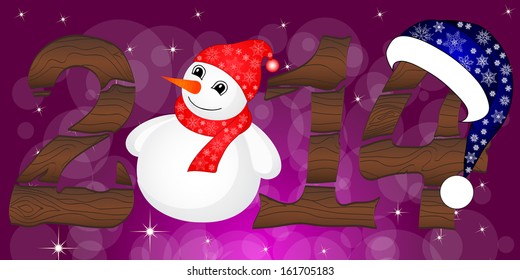 Happy New Year 2014 From Wood With Snowman and Santa Hat