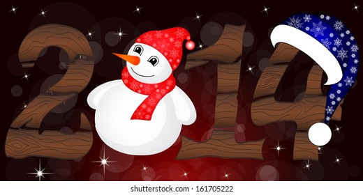 Happy New Year 2014 From Wood With Snowman and Santa Hat