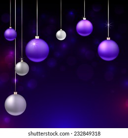 Happy New Year 2015 banner with sparkling colorful Christmas balls. Vector illustration. Black disco background with flare lights. Invitation or greeting card design.