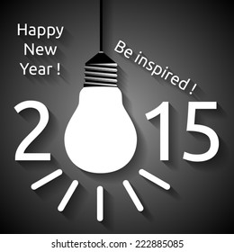 Happy New Year 2015 and be inspired text, white shining light bulb, shadows, dark gray background. EPS 10 vector illustration