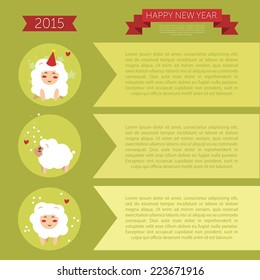 Happy new year 2015 card template, set of cute symbols of new year, vector illustration