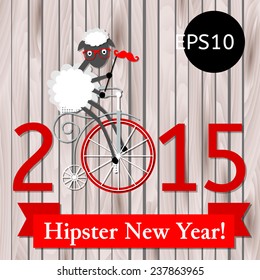 Happy New year 2015 card with hipster sheep on the vintage bicycle, with mustache and glasses on wooden background. . Vector.  Eps10