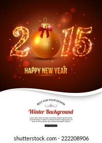 Happy New Year 2015 celebration concept with golden ball and place for text. Shining Christmas background. Vector illustration.