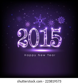 Happy New Year 2015 celebration greeting card design with shiny text on snowflake decorated purple background. 
