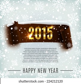 Happy New Year 2015 celebration background with realistic curved ribbon and snowflakes. Vector illustration