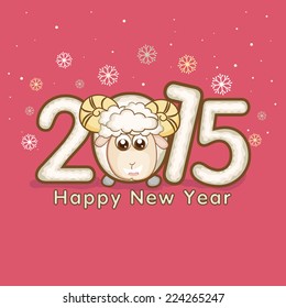 Happy New Year 2015 celebration concept with stylish text and sheep face on pink background.