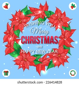 Happy New Year 2015 celebration typographical concept with hand drawn poinsettia frame wreath. Abstract shining background. Vector illustration.