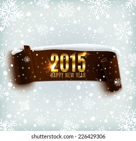 Happy New Year 2015 celebration background with realistic curved ribbon and snowflakes. Vector illustration