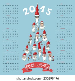 Happy New year 2015 celebration calendar. Triangles, polygons 2015 letters with characters seasons on  white background.New year. Snowflake,cherry flower,butterfly,maple leaf in vector.