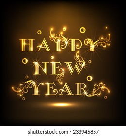 Happy New Year 2015 celebration party poster with floral decorated golden text on shiny brown background.