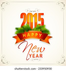 Happy New Year 2015 celebration greeting card design with shiny elegant text, ribbon, mistletoe and fir tree.