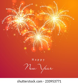 Feliz Año Nuevo 2015 celebración diseño de tarjetas de saludo con hermoso texto y brillantes fuegos artificiales decorados con fondo naranja.