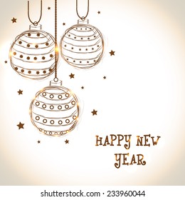 Happy New Year 2015 celebration with beautiful floral design decorated hanging X-mas Balls on shiny background.