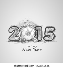 Happy New Year 2015 celebrations greeting card design with soccer ball on grey background. 