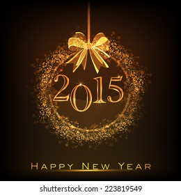 Happy New Year 2015 celebrations concept with golden Christmas ball on brown background. 