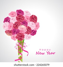 Happy New Year 2015 celebrations greeting card design with beautiful roses bouquet on grey background. 