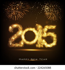 Happy New Year 2015 celebrations greeting card design with golden text on fireworks decorated brown background. 