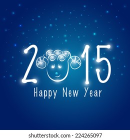 Happy New Year 2015 celebrations with sheep face on stars decorated blue background.