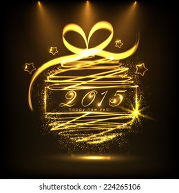 Happy New Year 2015 celebrations greeting card design with golden ball on brown background. 